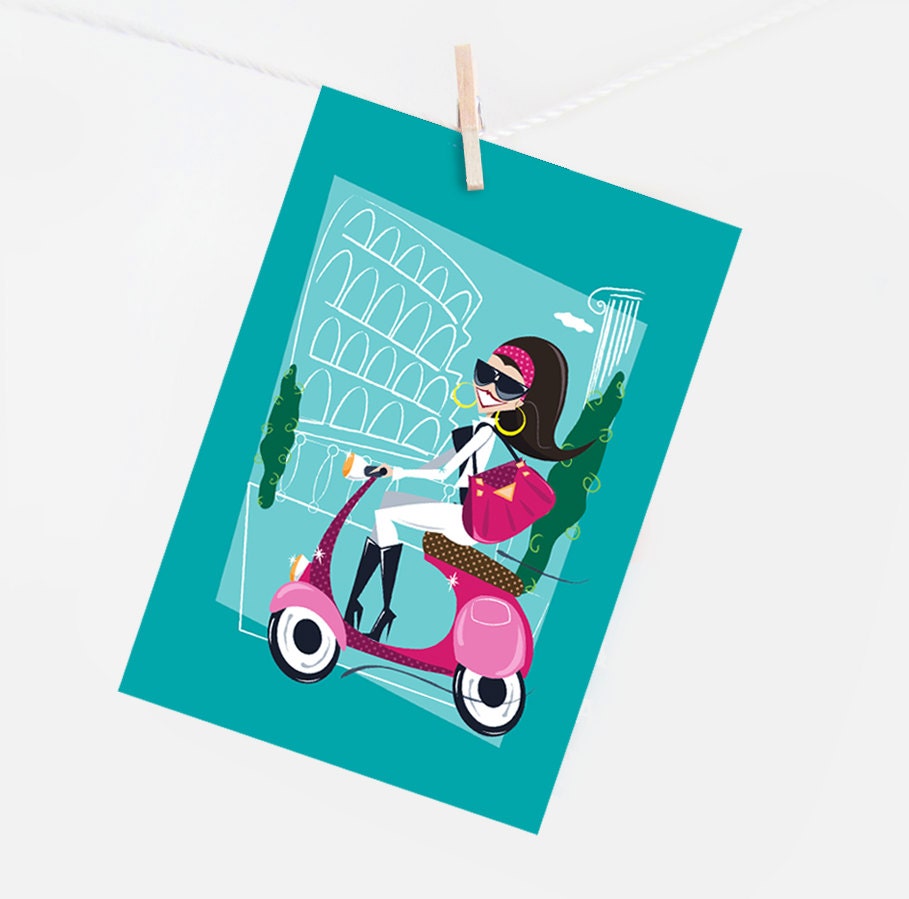 Set of 4 - Travel Girl Mini Note Cards - Rome Miami New York and Paris