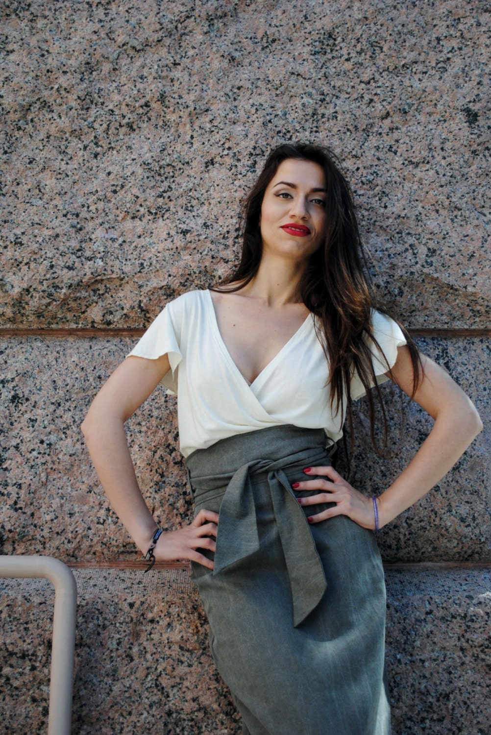 Olive High Waist Pencil Skirt Womens Clothing in Distressed Military Olive Green Twill Custom Made