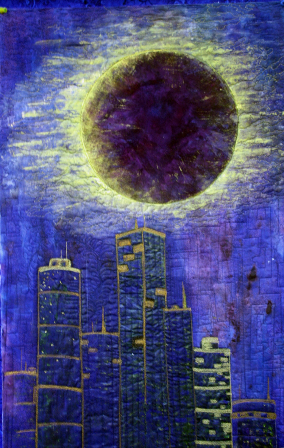 an art quilt wall hanging, Lunar Eclipse Over City Skyline