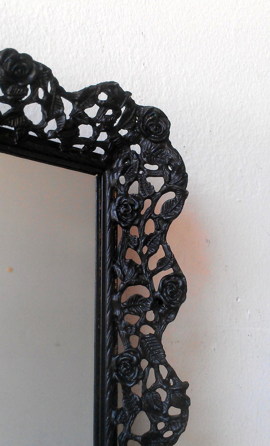 Black Roses Mirror in Vintage Brass Filigree Frame - 17 by 12 inches