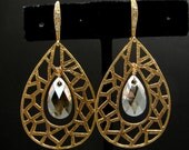 gold filigree metal teardrop earrings with golden shadow swarovski crystal - Free US shipping