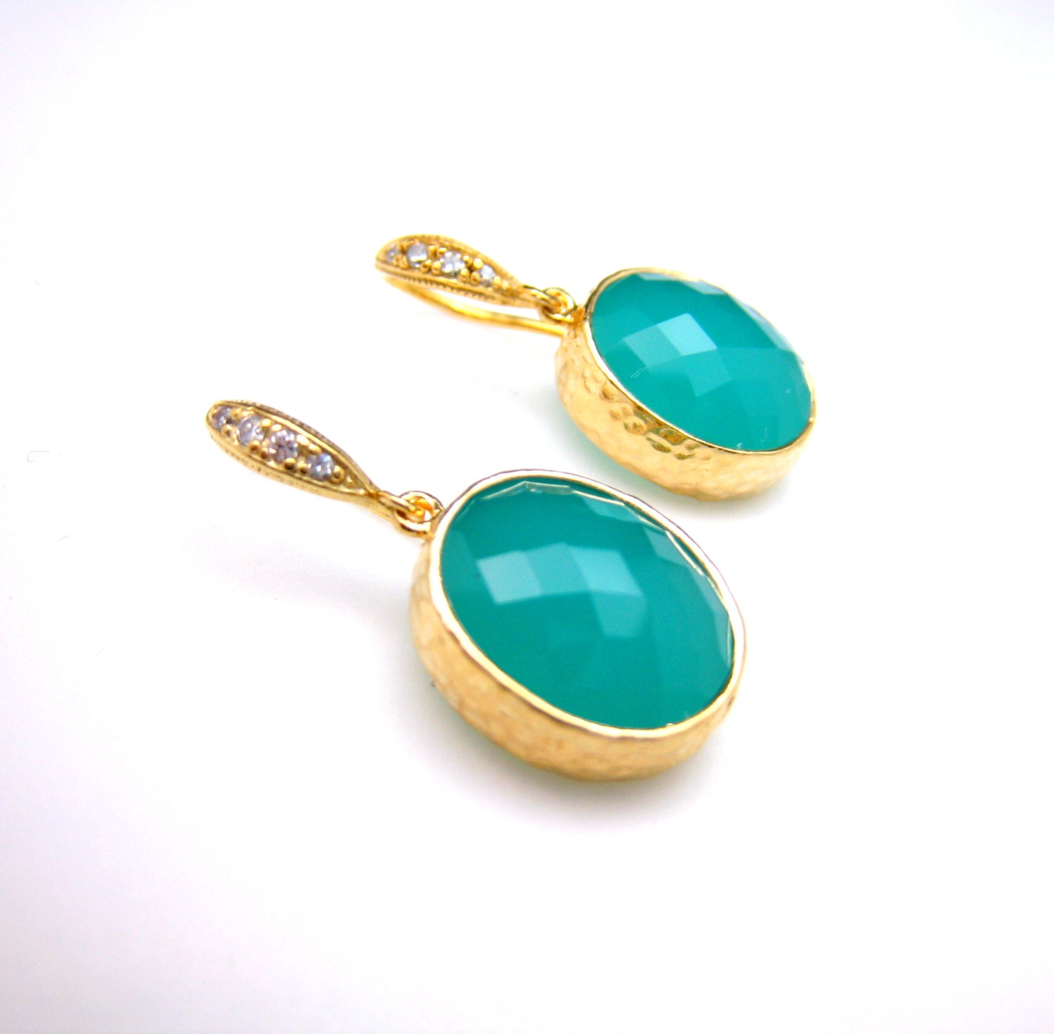 gold plated brass framed teal blue mint opal oval quartz and gold sterling silver hook with cubic zirconia  - Free US shipping
