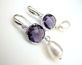 swarovski pear shape white pearls with amethyst purple crystal quartz connectors with white gold hook earrings  - Free US shipping