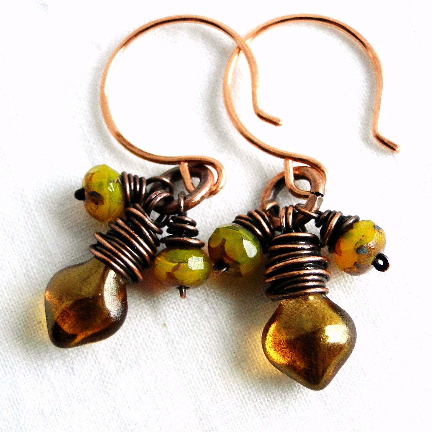 Beaded Earrings, Wire Wrapped Jewelry, Antiqued Copper, Amber Glass, Spade Beads