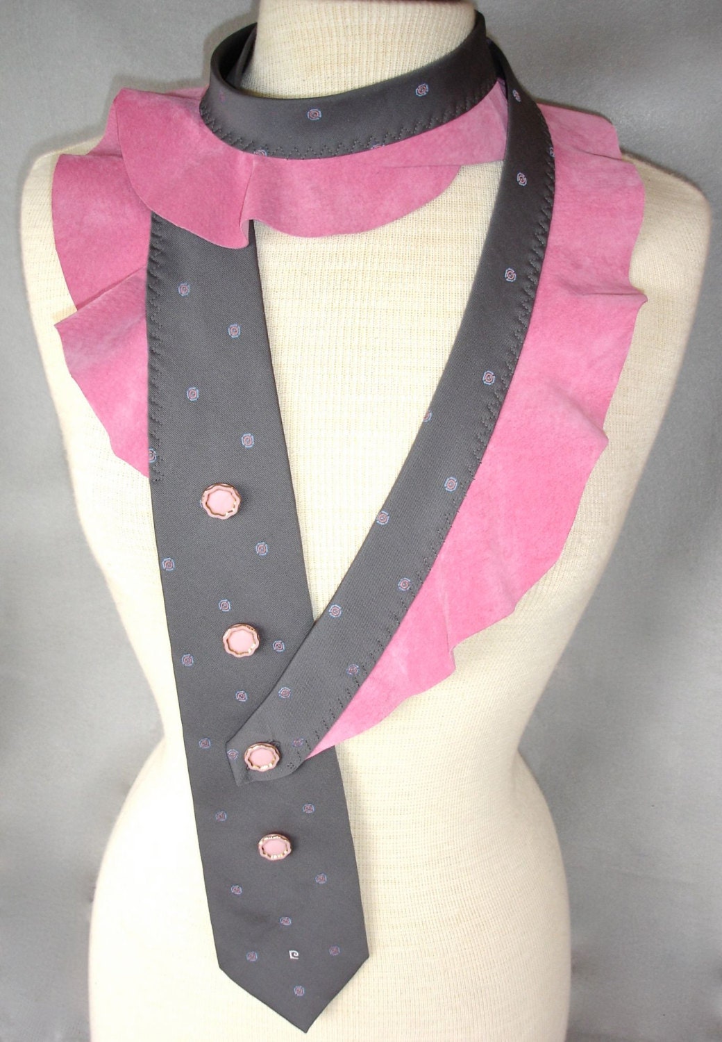 Textile Necklace from Upcycled Necktie And Salvaged Pink Leather