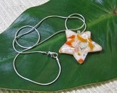 Orange Glass Star Pendant / Fused Glass Focal Bead / Tangerine, Cream & Silver with Pale Blue Sprinkles  - Free Chain