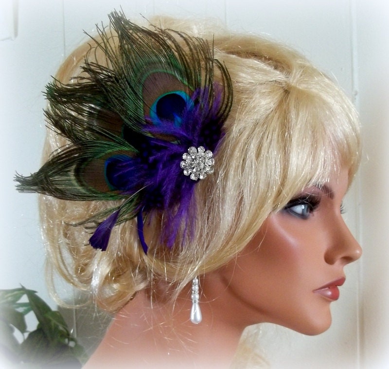 Bridal Fascinator Peacock hair clip, bridal feather hair clip, regal purple accents, womens, girls, bridesmaids