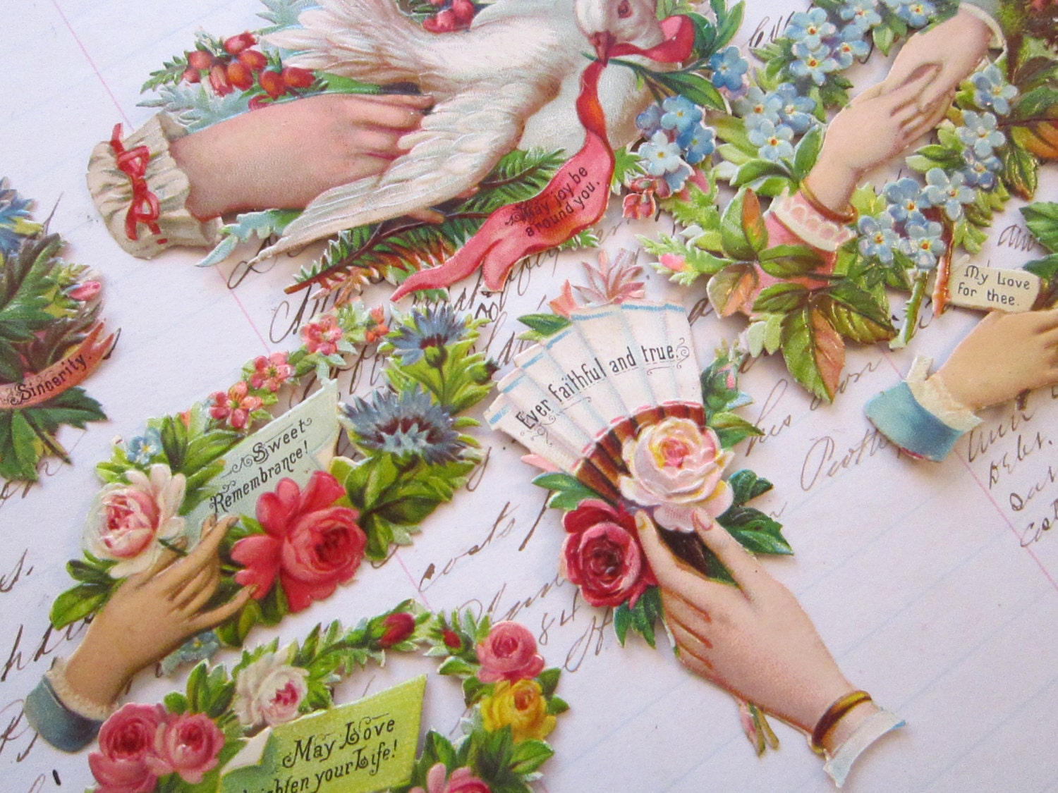 antique victorian scrap - 10 pieces - embossed - circa early 1900s - hands, birds, sentiments, flowers