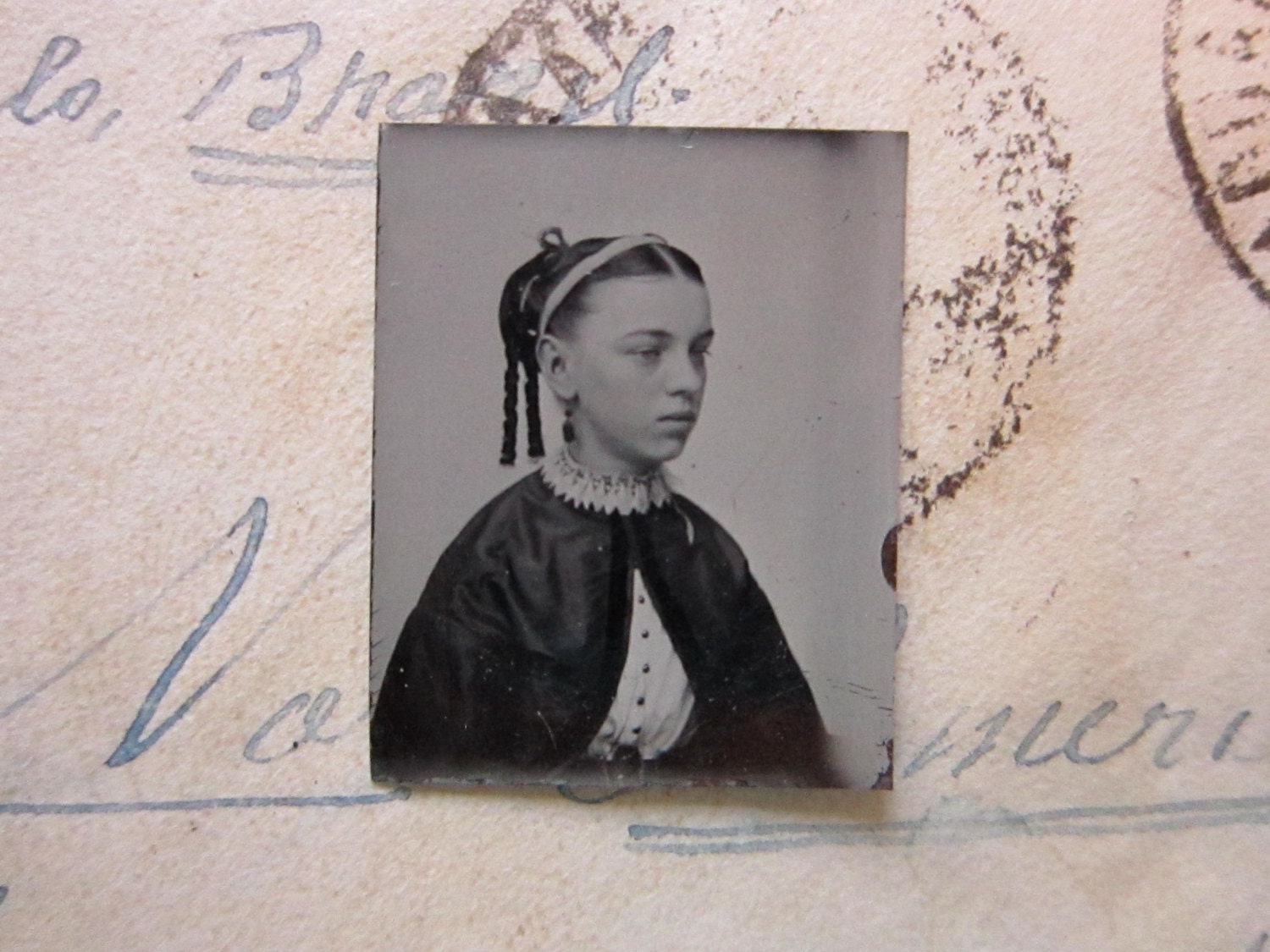 miniature GEM tintype photo - GIRL with long ringlets - GTE10