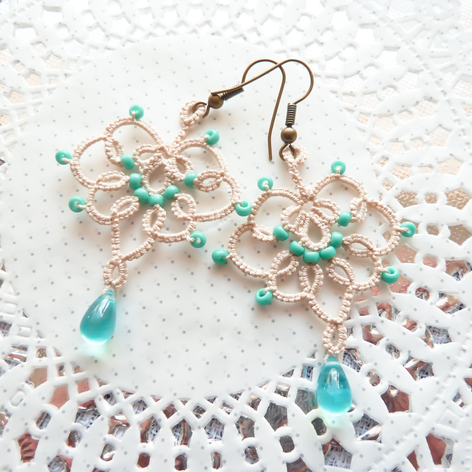 Boho lace earrings handmade lace jewelry rustic Victorian retro vintage inspired bridesmaid gift - beige and turquoise blue