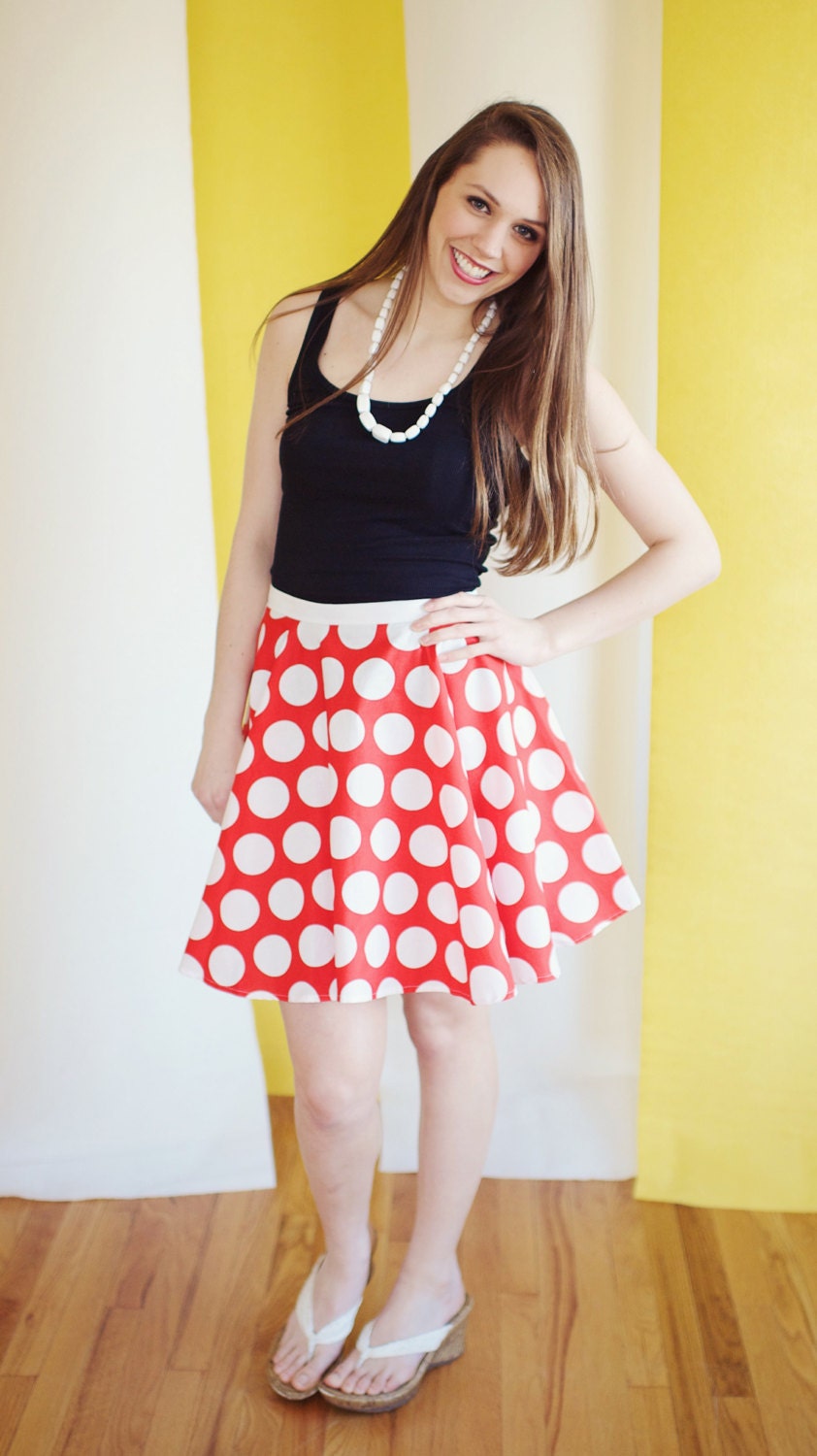 Red with BIG White Dots - Mini Circle Skirt - Red Polka Dot Circle Skirt with contrast waistband - other color options too