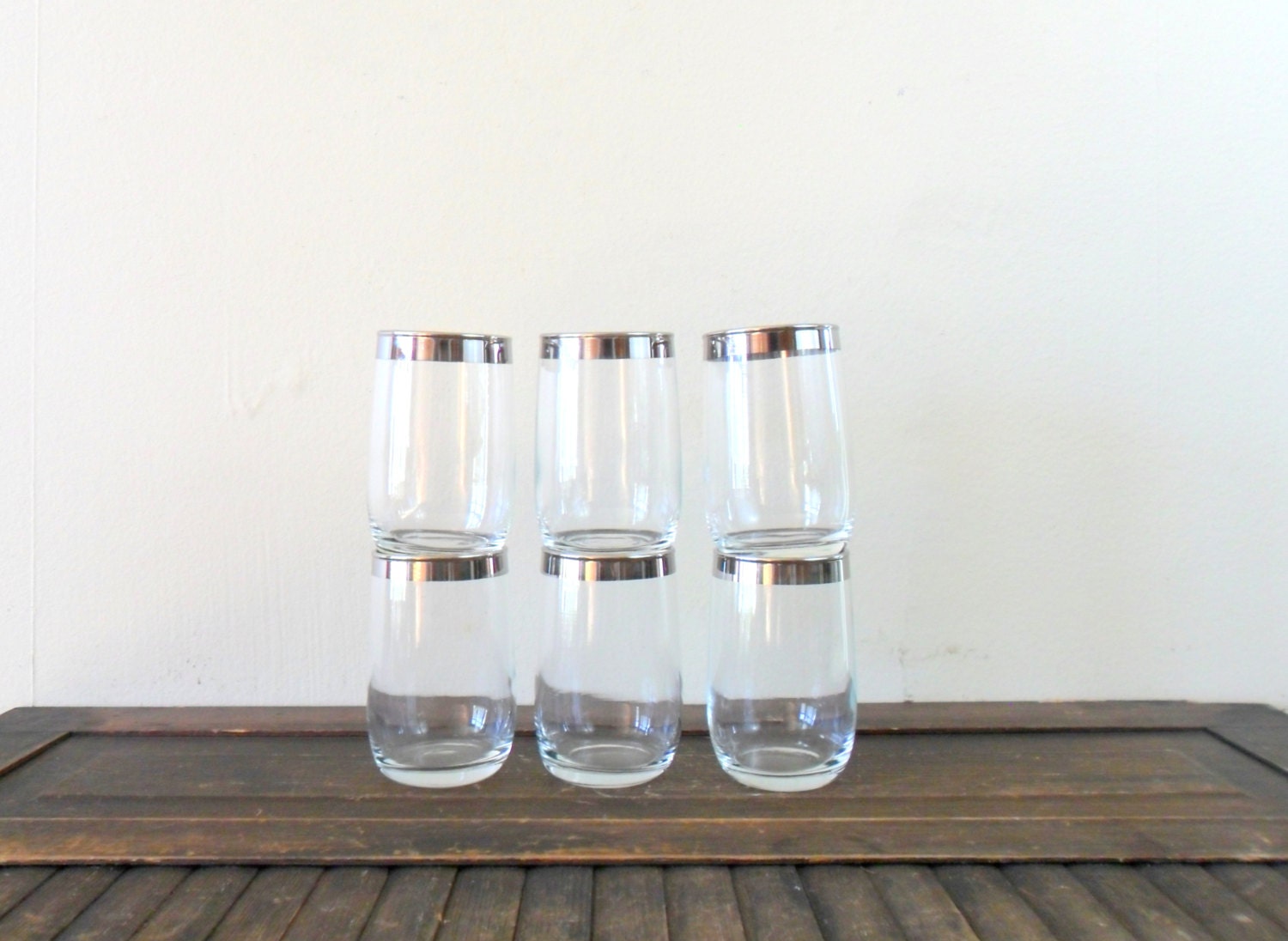 vintage mad men chic silver rimmed whiskey glasses - set of six - midcentury modern