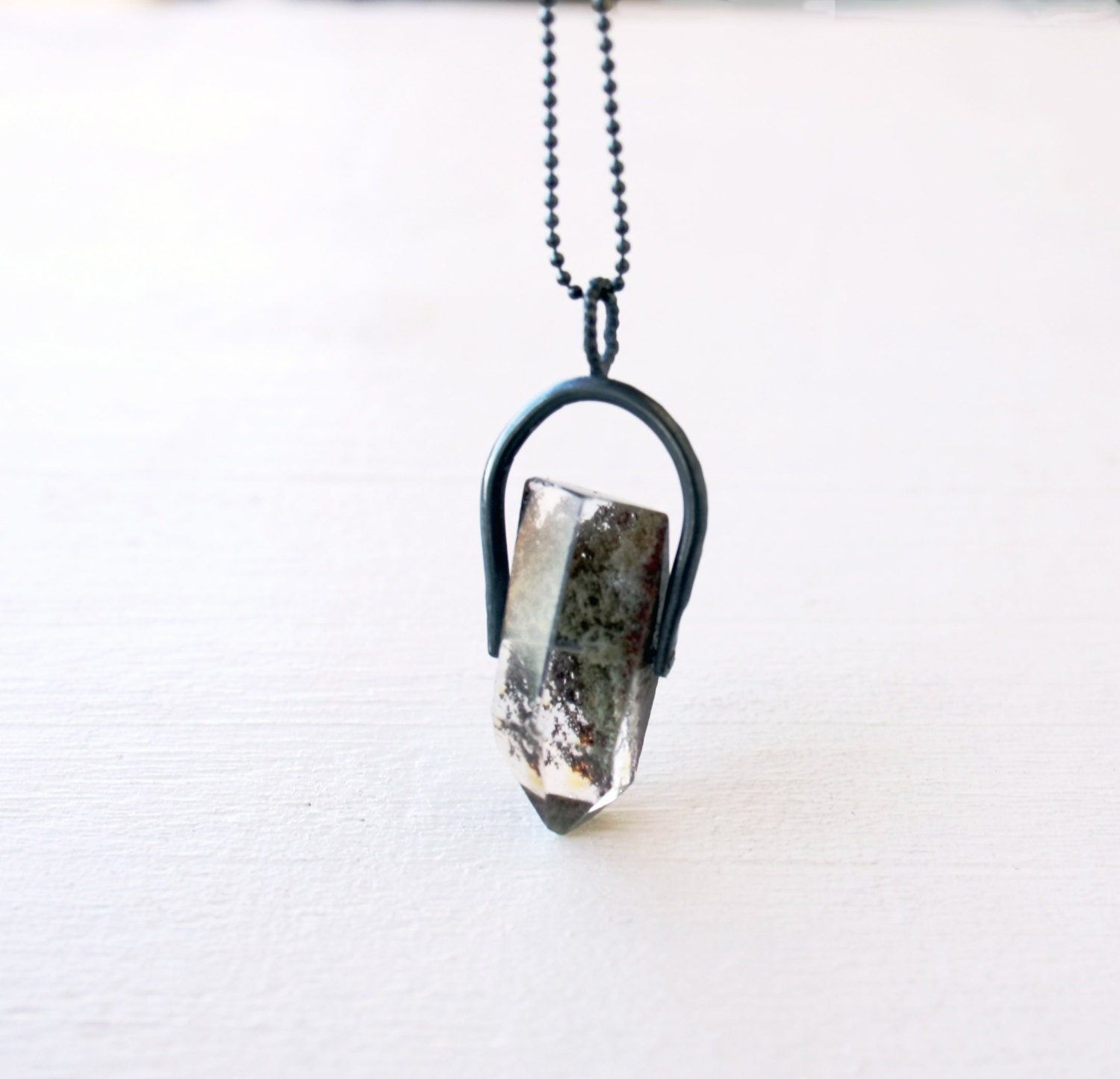 Phantom Quartz Crystal necklace in black sterling silver / rough quartz necklace / rustic handmade FREE SHIPPING