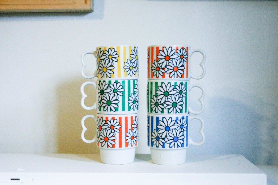 Vintage Set of Six Flower Power Stacking Mugs