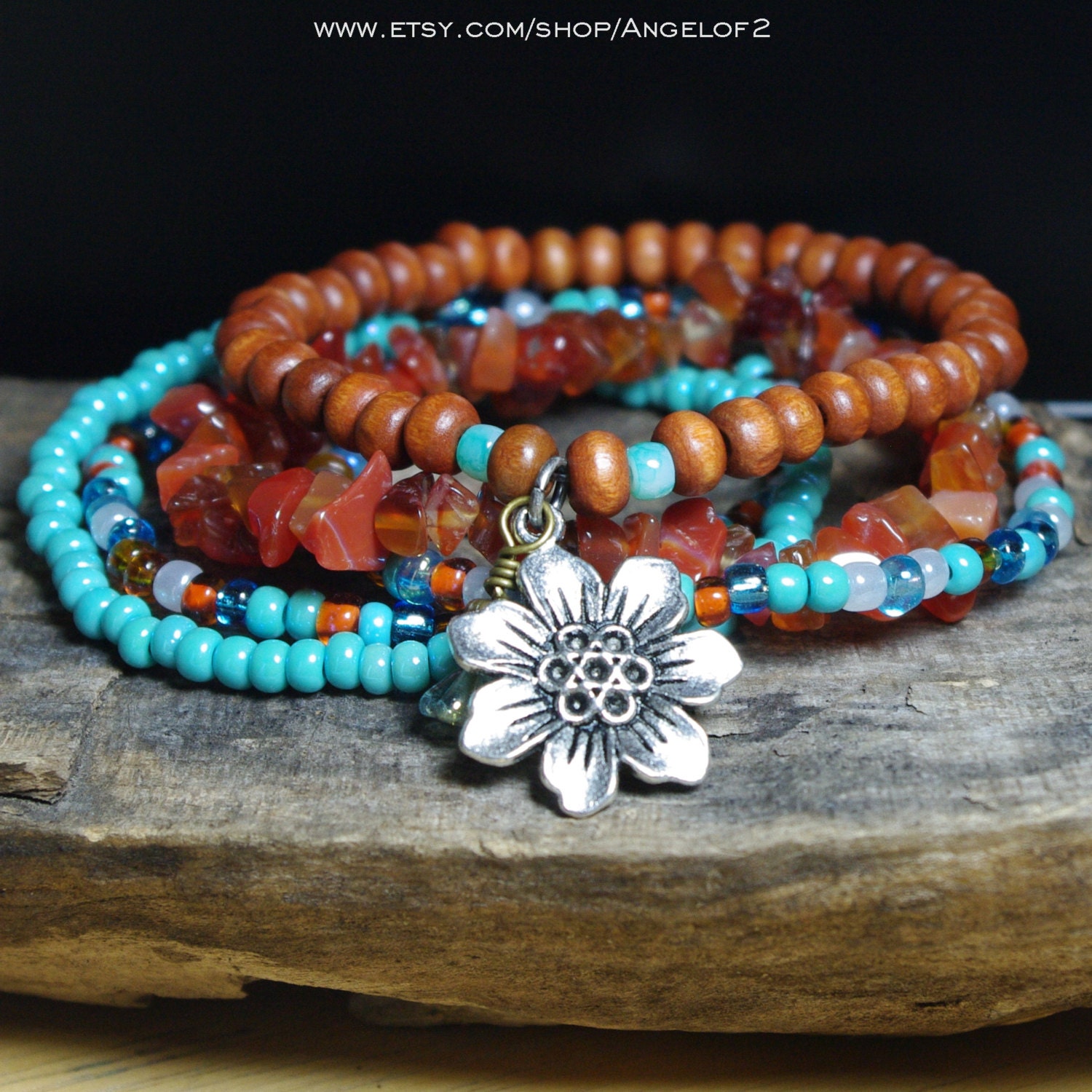 Carnelian and Turquoise Beaded Bracelet Stackers              - Action, Love and Joy