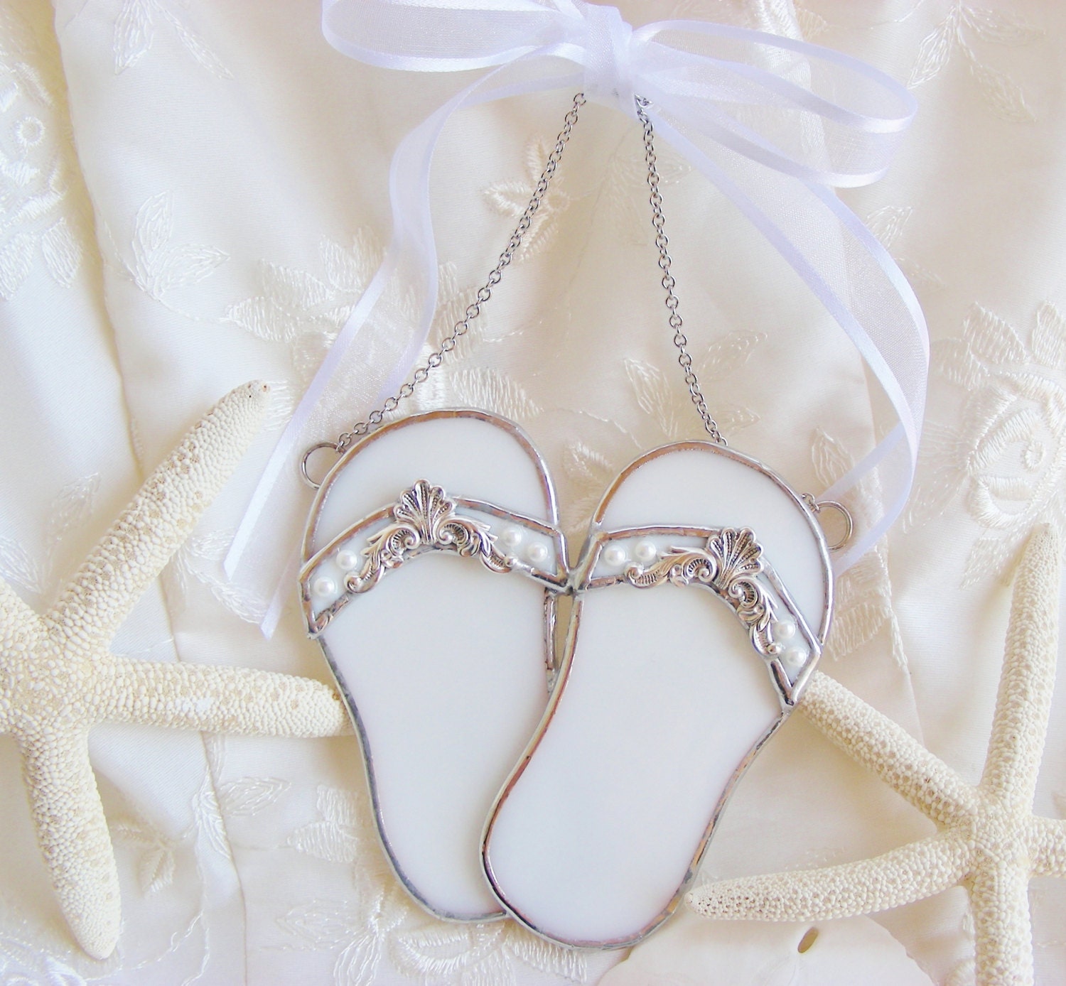Bride Flip Flops with Little Pearls and White Ribbon "Dancing Shoes"