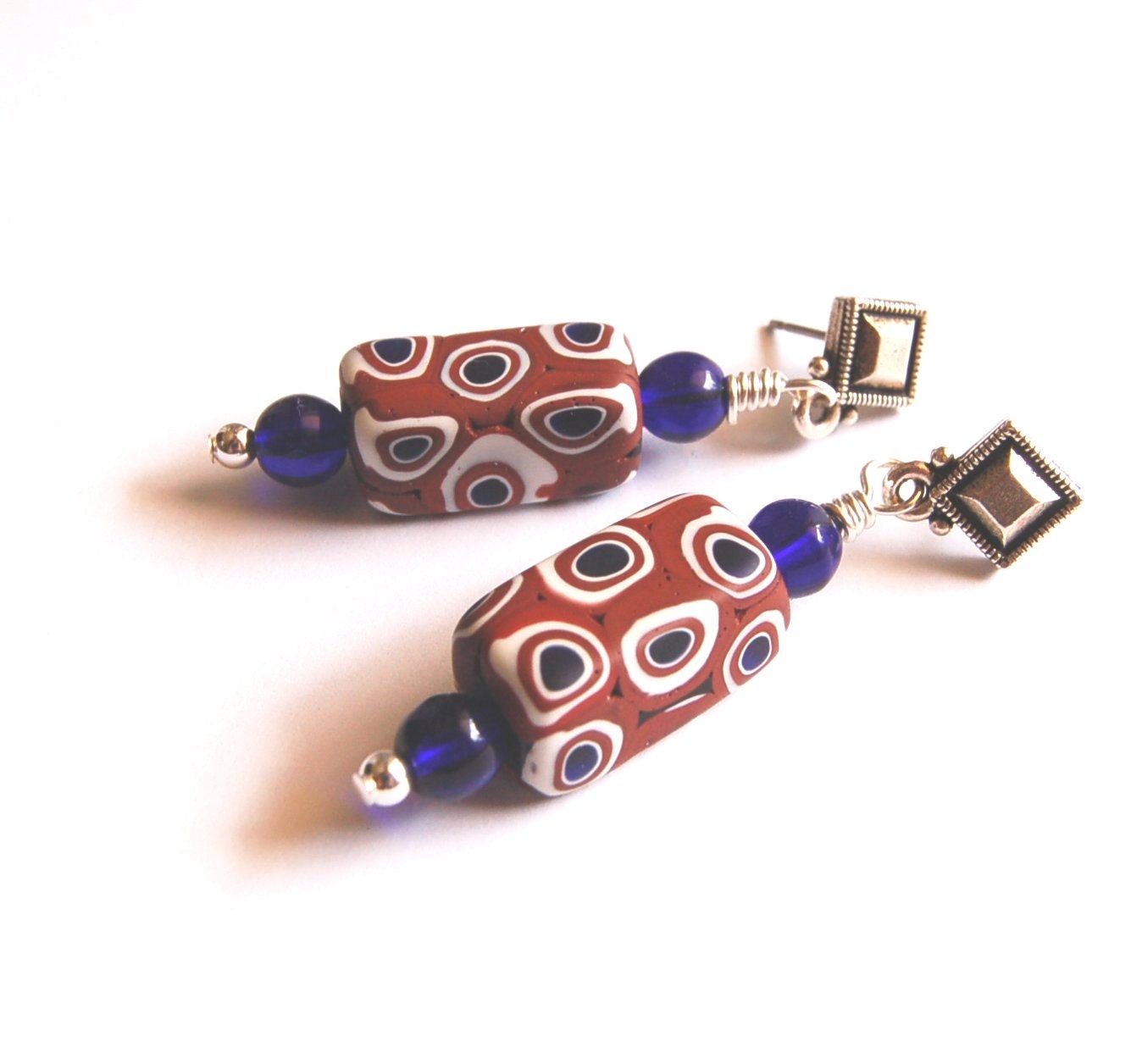 Vintage Murano Mosaic bead earrings in burnt orange brick red with blue and white spots and cobalt blue antique beads