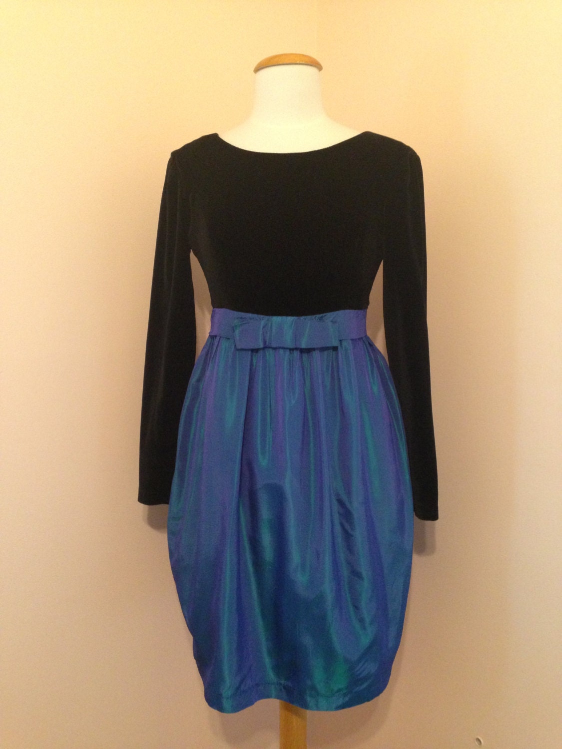 Stunning Black Velvet And Metallic Turquoise Blue Taffeta Vintage 80s Dress