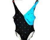 1980s Sexy Black and Aqua Blue Polka Dot One Piece SwimSuit