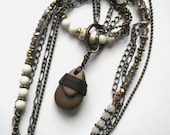 Multistrand Riverstone Pendant Necklace with Howlite, Smokey Quartz and Vintage Antiqued Brass Beads
