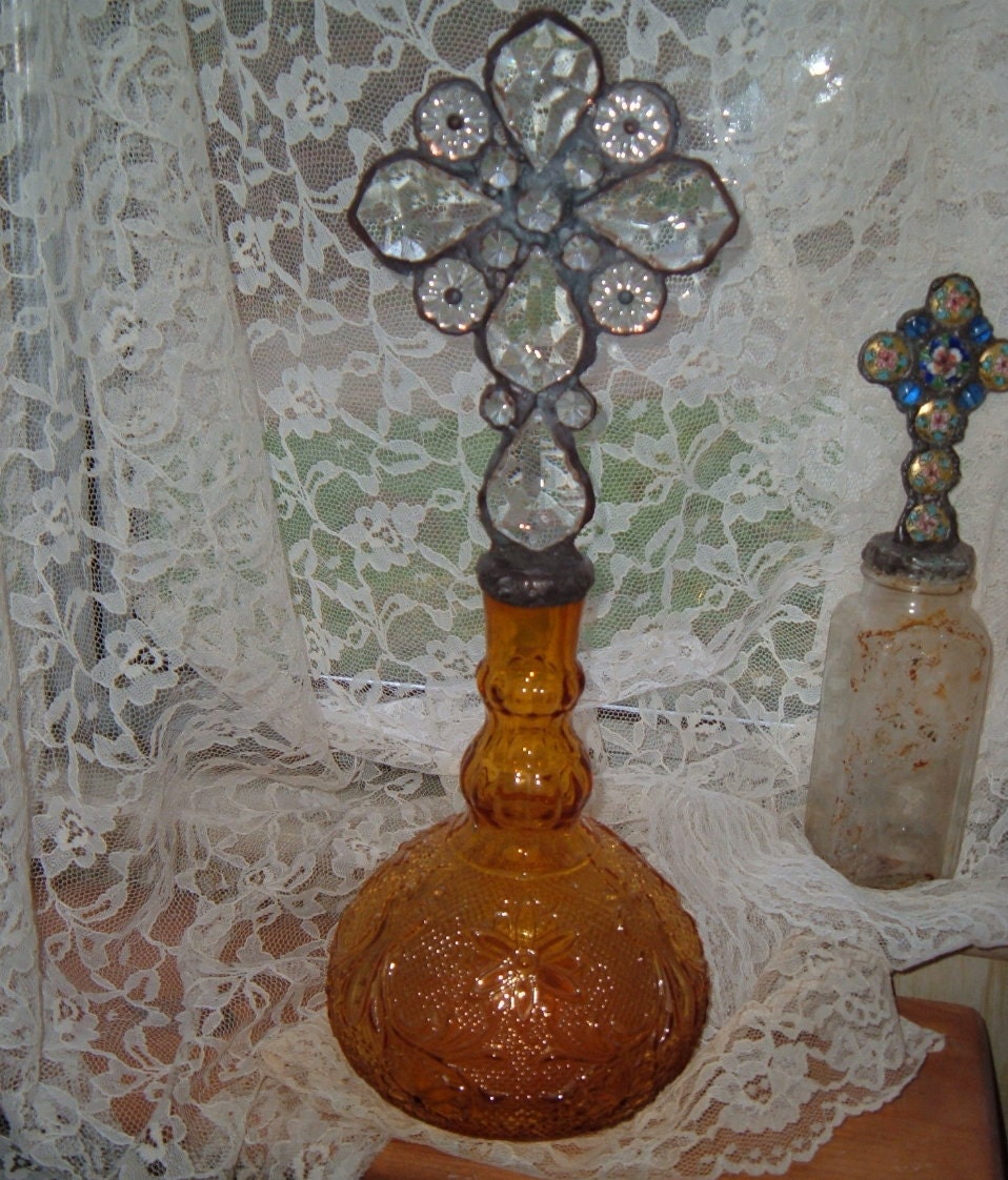 Cross Bottle, Chandelier Crystals on Amber Color, Sandwich Glass Bottle, 14 Inches Tall
