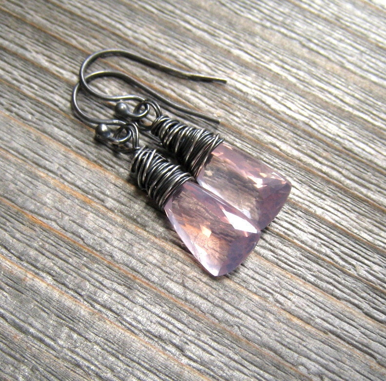 Rose Quartz Dangle Earrings,  Pink Pyramid Shape Briolettes,  Wire Wrapped in Sterling Silver