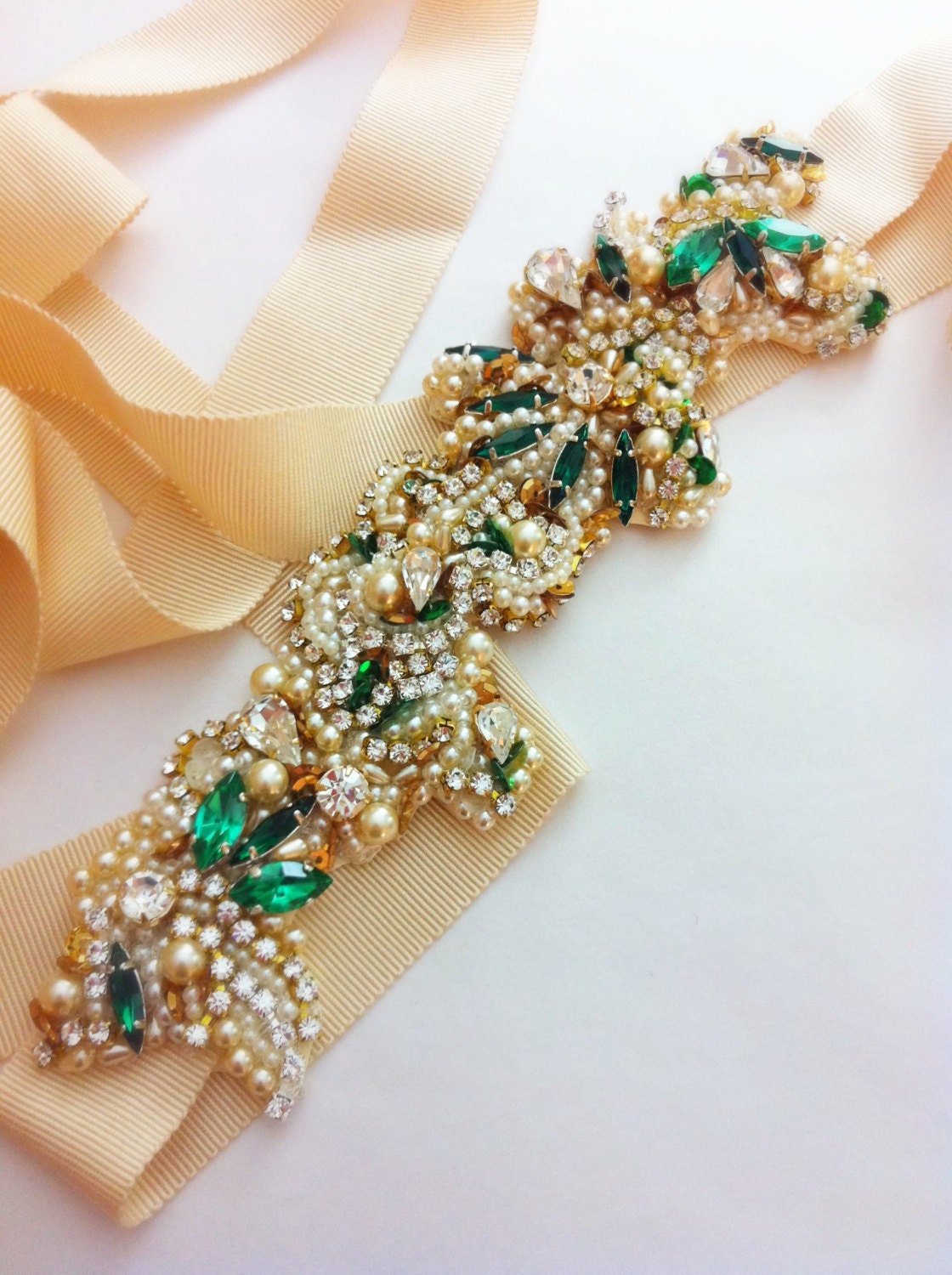 Gold and Emerald Green Bridal Headpiece- Vintage Wedding- Swarovski Crystal Bridal Bandeau- One-of-a-Kind Hand-Beaded -Vintage Glamour