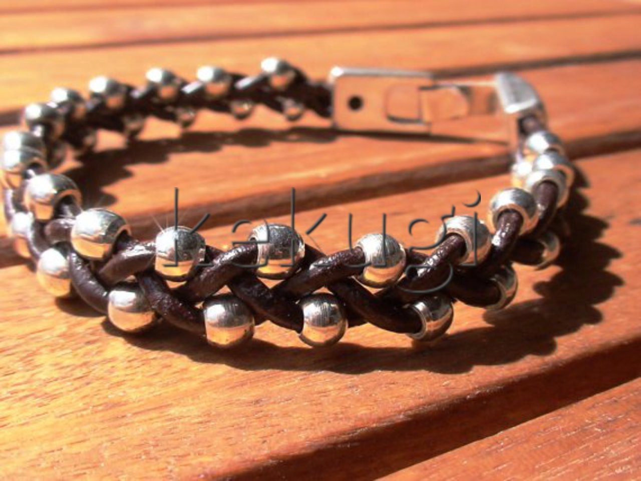 women multi strap brown hand woven leather bracelet with silver plated  beads and clasp