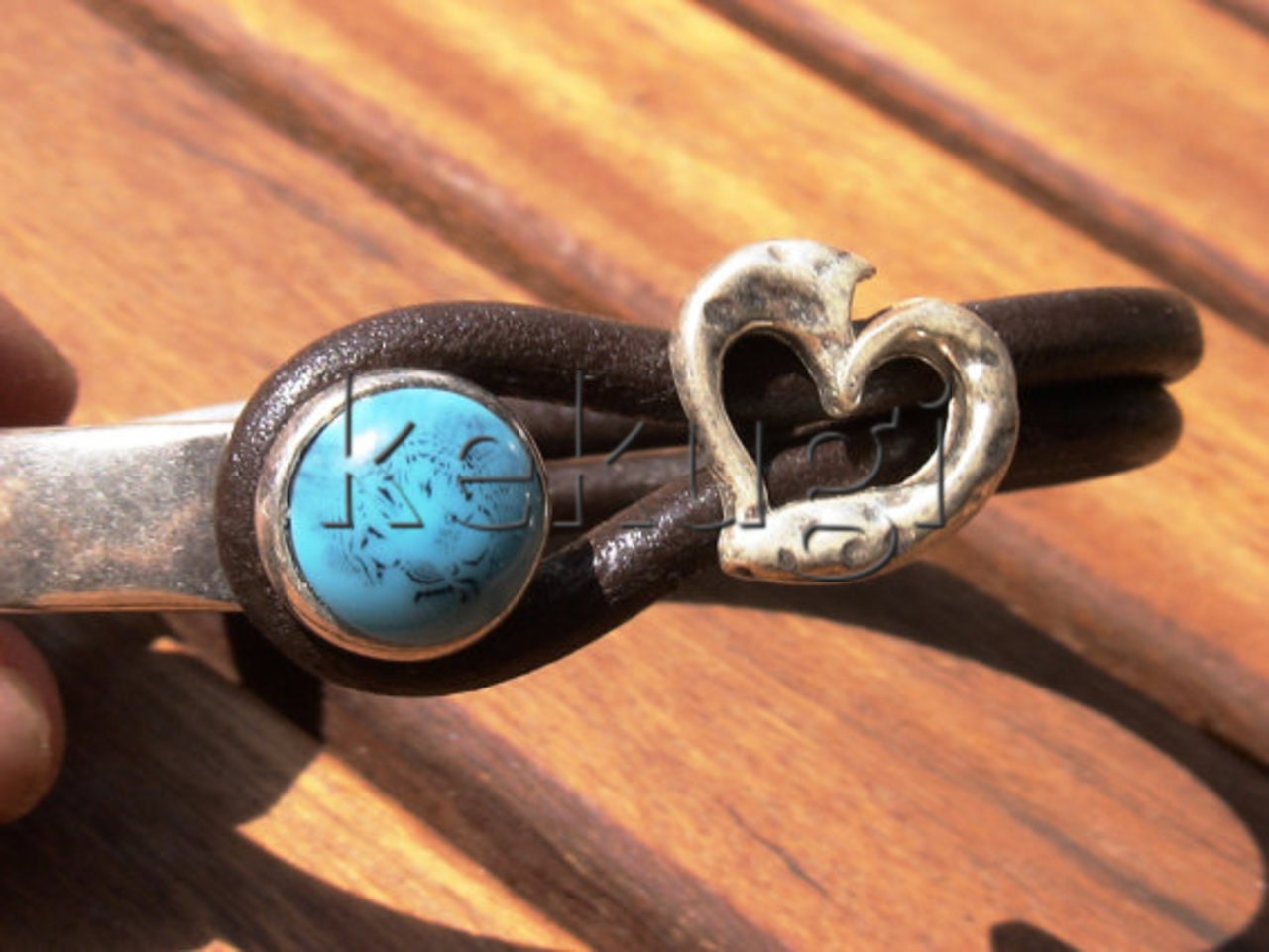 women brown leather bracelet silver plated half cuff button clasp turquoise heart  finding jewellery