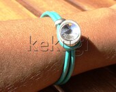 unisex mens womens turquoise leather  bracelet button swarovski clasp sterling silver coating