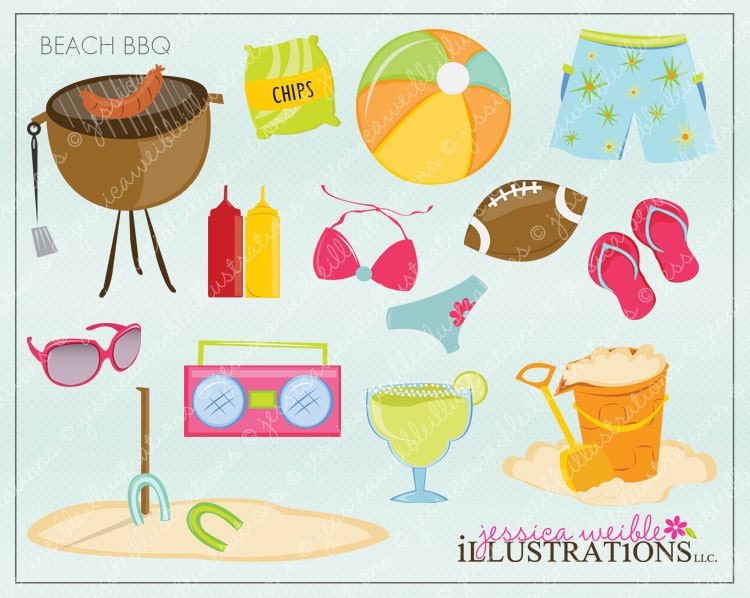 Beach BBQ Cute Digital Clipart for Card Design, Scrapbooking, and Web Design