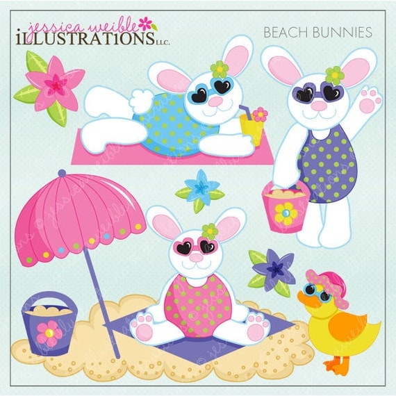 Beach Bunnies Cute Digital Clipart for Invitations, Card Design, Scrapbooking, and Web Design, Beach Easter Clipart Il_570xn