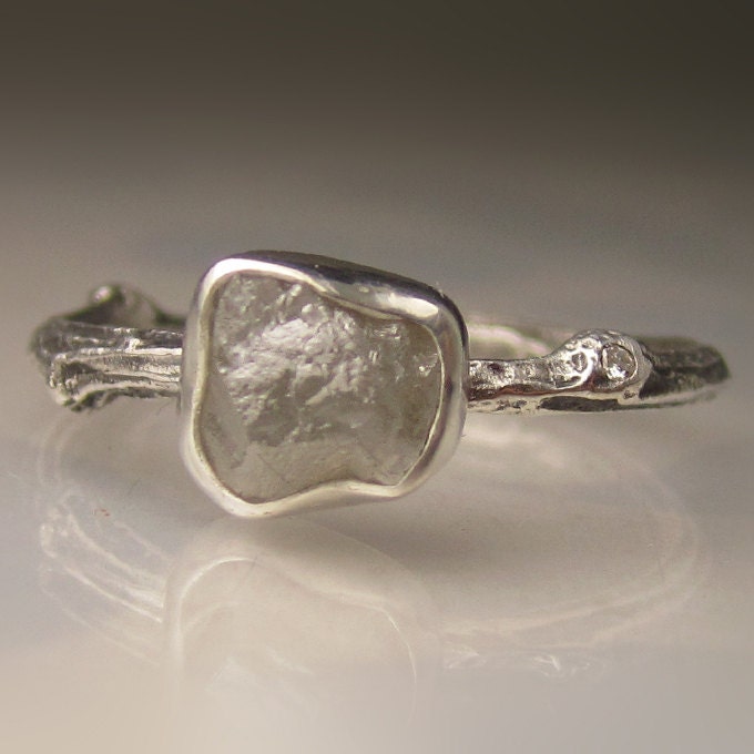 Raw Diamond Twig Ring in Recycled Sterling Silver , Engagement Ring