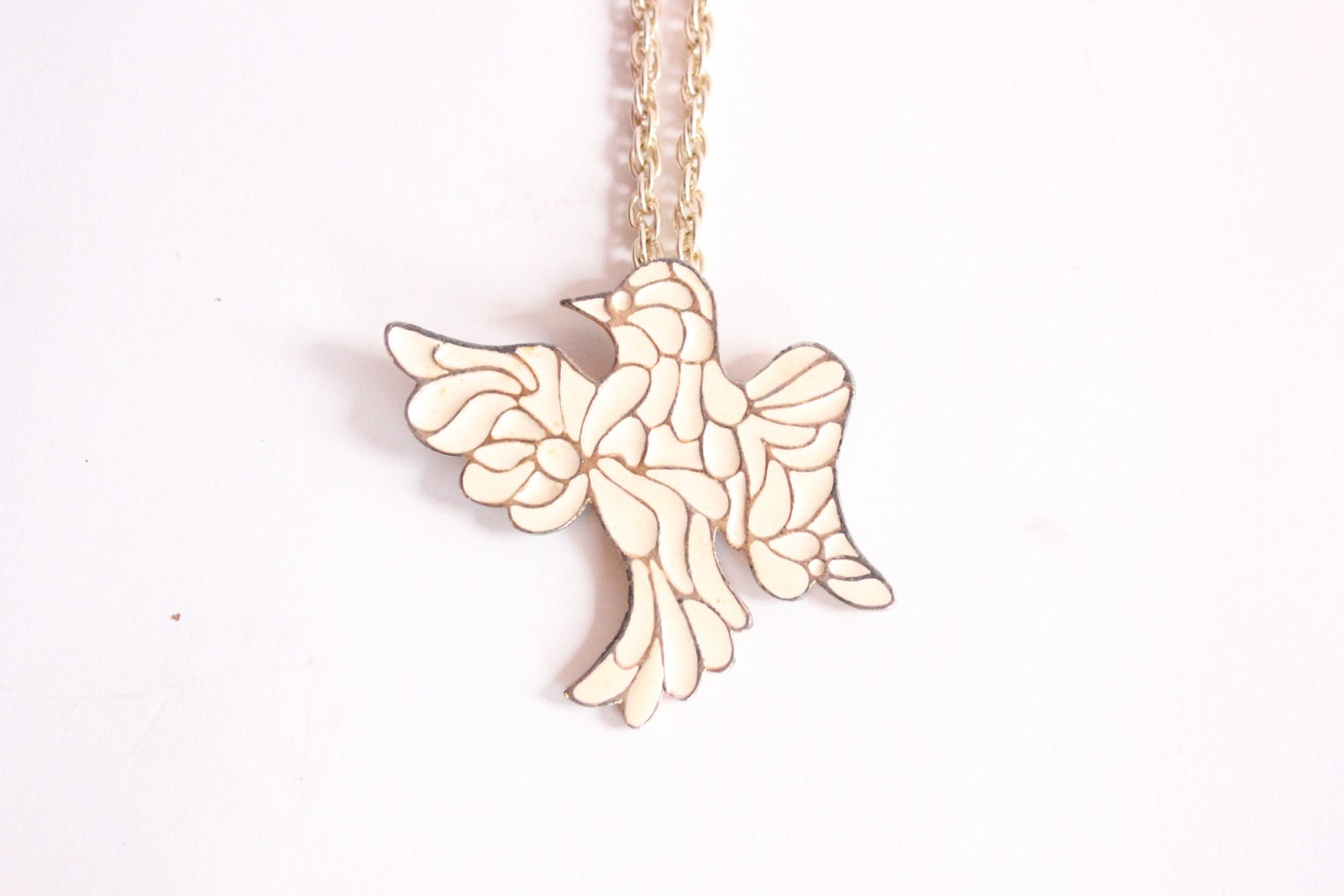 WHITE DOVE 70s White and Gold Enamel Mosaic Chain Dove Necklace
