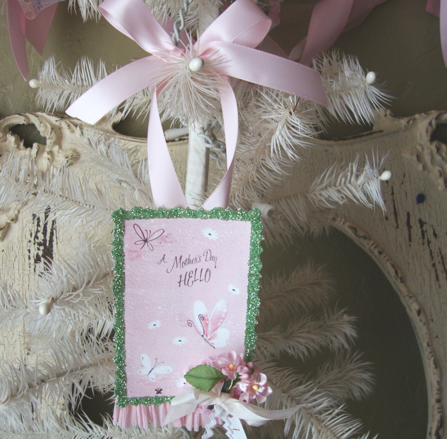 Gift tag for Mothers Day butterflies pink and green I love you mom Vintage Card Shabby Chic embellished tag with butterflies