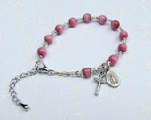 Small Rosary Bracelet with Pink Catseye and Silver Miraculous Medal Crucifix Child size