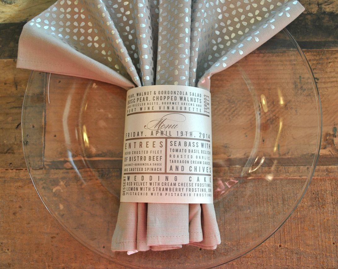 Napkin Ring Menu Card with Vintage Luggage Tag Look (pictured in ivory, stone and grey)