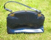 Vintage Purse, Vinyl, Navy Blue, Patent Leather, Gold Clasp, Gold Detailing