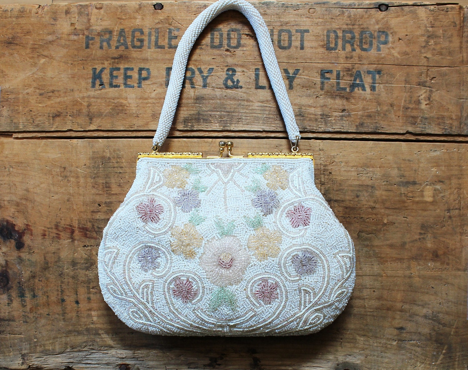 vintage 50s beaded purse - formal handbag - wedding bridal purse - floral design - 1950s art nouveau style - seed bead