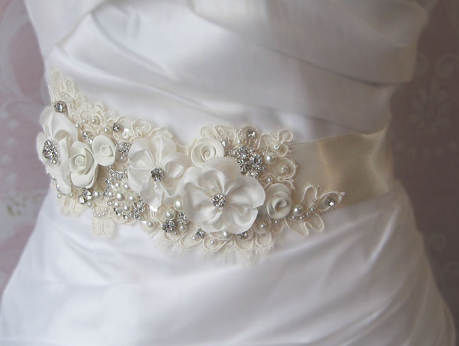 Creamy Ivory Bridal Sash, Wedding Belt, White, Champagne or Ivory Rhinestone and Pearl Flower Sash with Alencon Lace - COTTAGE GARDEN