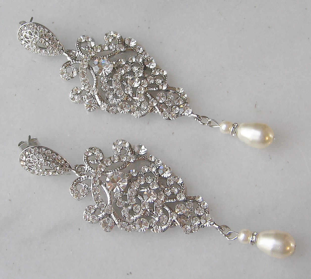 Rhinestone Chandelier Earrings, Pearl and Swarovski Crystal Bridal Vintage Style - CALEDONIA