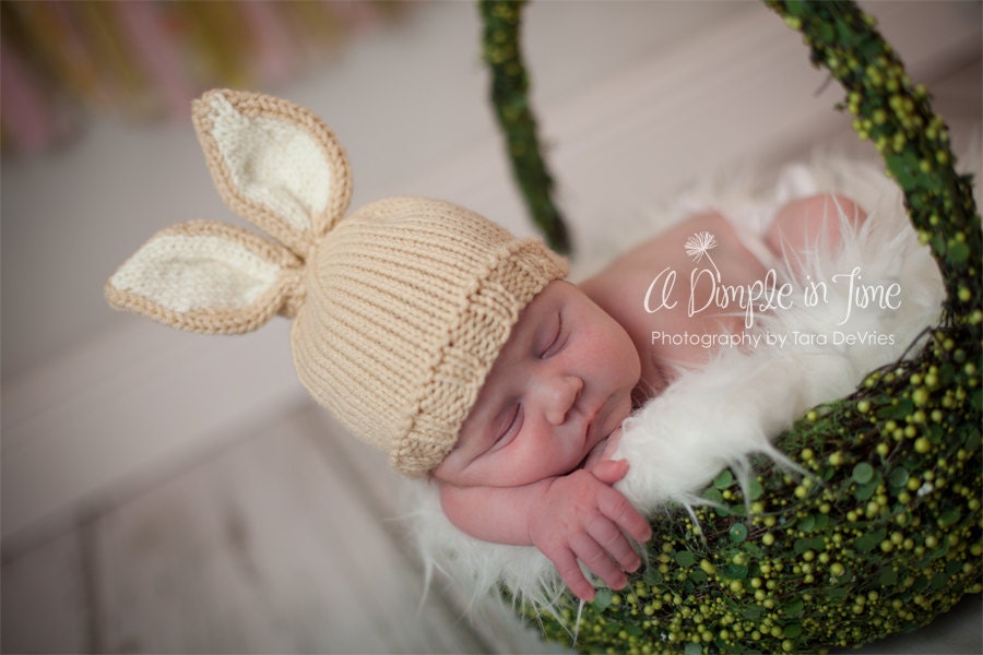Knit Baby Bunny / Newborn Hat, Easter Rabbit, Knitted Photo Prop, Biscuit with Cream Inner Ears, Custom colors avail, NB 0-3 Mo.