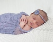 Knit Baby Blanket, Newborn Mohair Wrap Set, Infant Photography Prop, Cocoon, Lilac, Gray, Cream, Crochet Flower Tie Back Headband