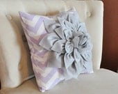 Gray Dahlia on Lilac and White Zigzag Pillow -Decorative Chevron Pillow-