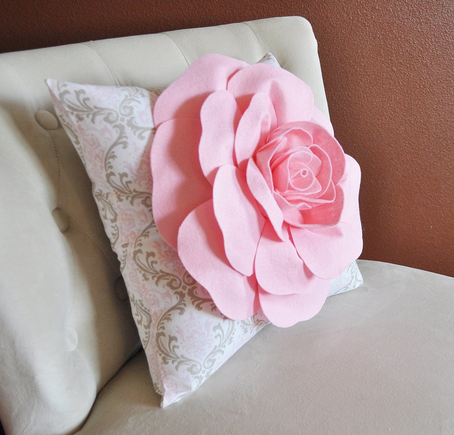 Light Pink Rose on Pink White and Taupe Damask Damask Pillow