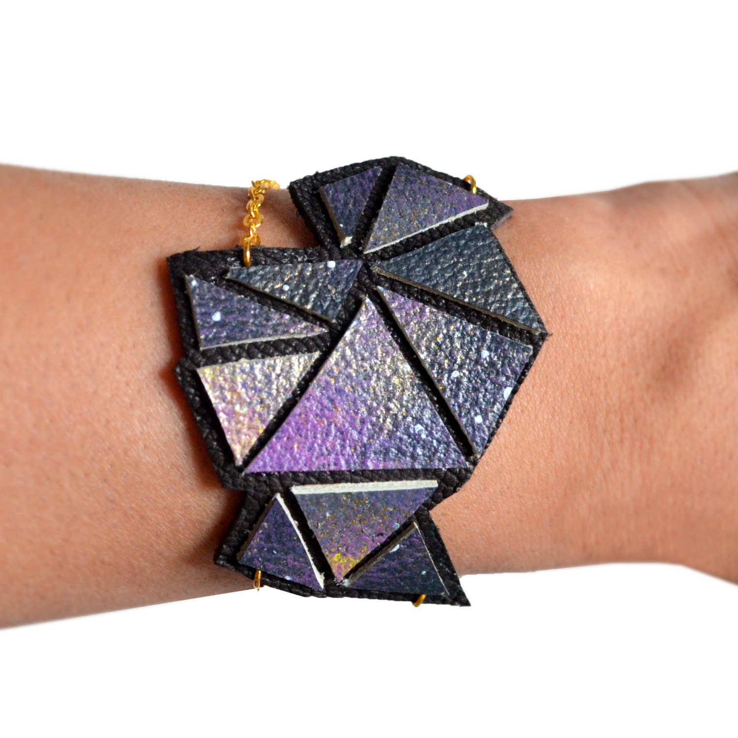 Cosmic Triangle Geometric Leather Bracelet Hand Painted Purple and Black Ombre, Leather Cuff