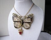Gold Butterfly Necklace Red Heart Large