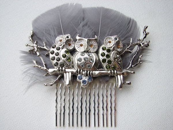Silver Hair Comb Rhinestone Owl Branches Fascinator
