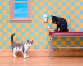 cat diorama, checkered 1950s kitchen art, gift for cat lovers - Cat Calls 8 x 10