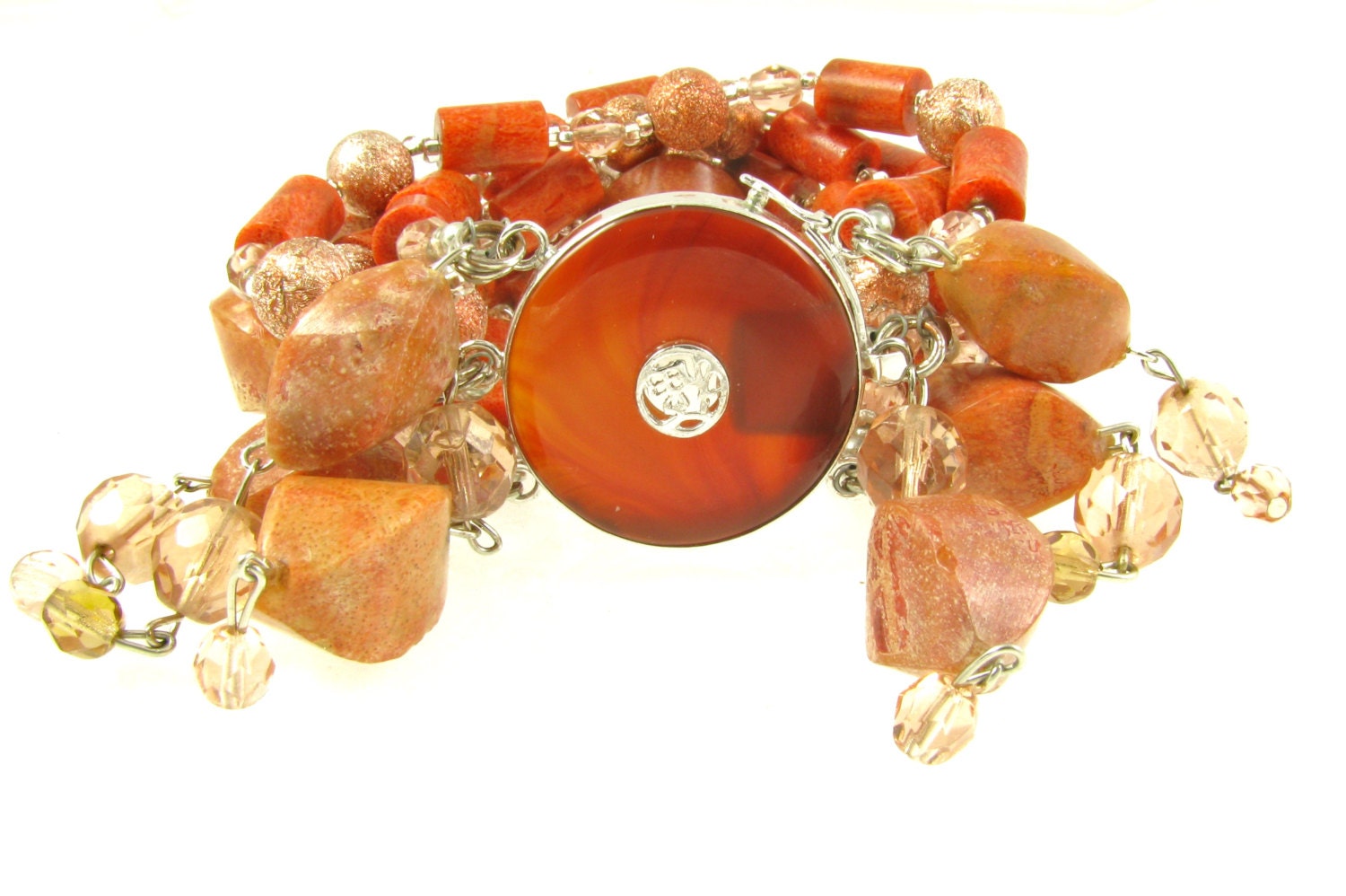 Boho Jewelry- Bohemian Bracelets -Statement Cuff Bracelet - Coral Jewellery - Carnelian Gemstone - 925 Silver Clasp - Orange, Silver Tones